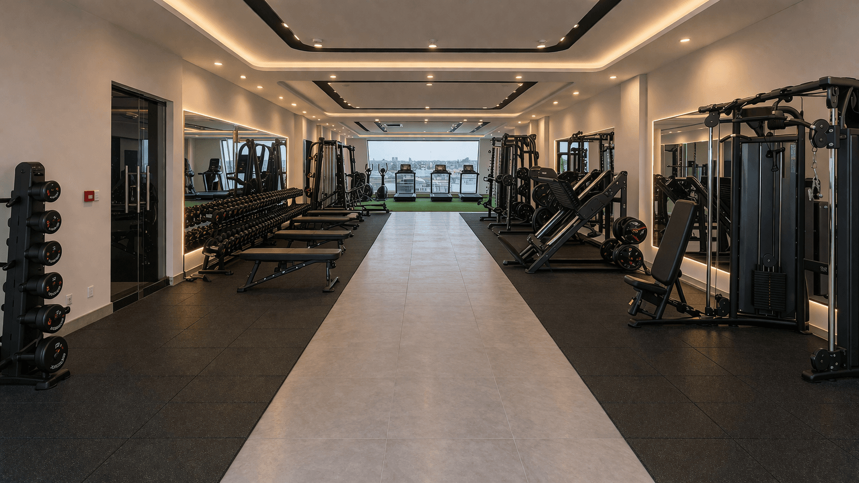 Enteyoes Gym — cardio zone overlooking the Lahore skyline