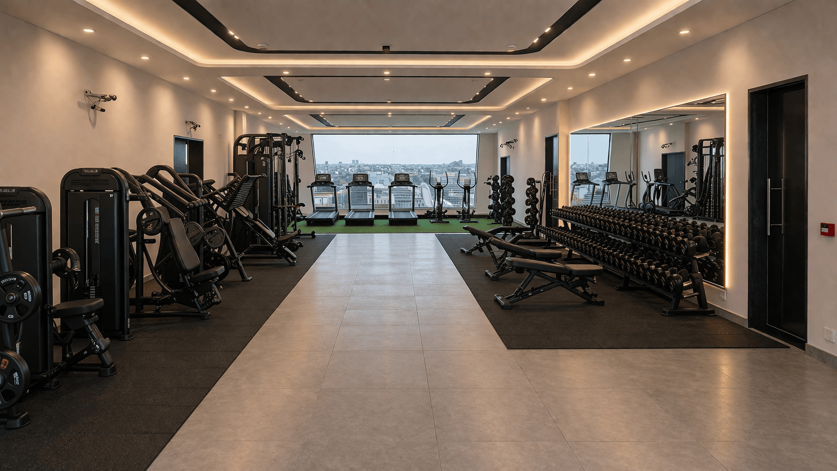 Enteyoes Gym — treadmills and strength equipment by the window